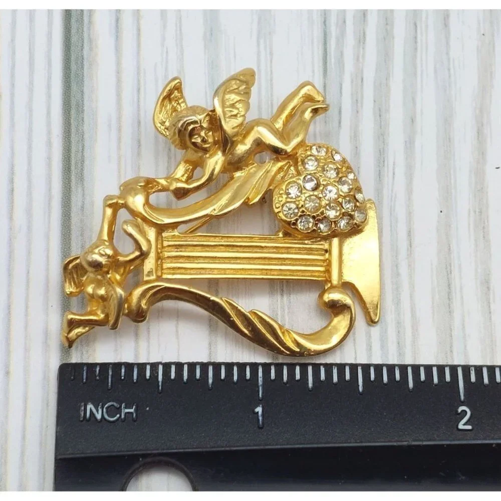 Vintage Gold Tone Harp Brooch Pin Cupid Angels Rhinestone Heart 1.75